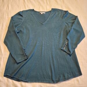 Chico's size 3 or XL dark Teal fine knit long sleeve sweater V neck VGUC